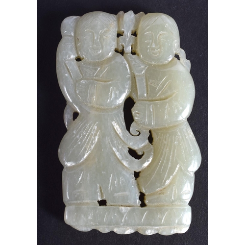 1287 - A 19TH CENTURY CHINESE CARVED GREEN JADE FIGURE OF TWO GIRLS Qing. 5.5 cm x 3.5 cm.