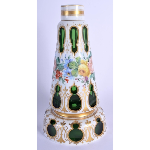 13 - A 19TH CENTURY BOHEMIAN ENAMELLED GREEN GLASS VASE painted with flowers and vines. 23.5 cm high.