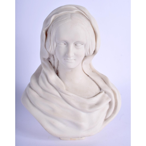 130 - A 19TH CENTURY EUROPEAN PARIAN WARE BUST OF A FEMALE modelled in robes. 15 cm x 12 cm.