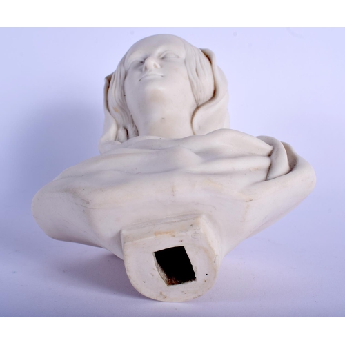 130 - A 19TH CENTURY EUROPEAN PARIAN WARE BUST OF A FEMALE modelled in robes. 15 cm x 12 cm.