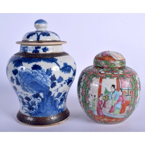 1308 - A 19TH CENTURY CHINESE BLUE AND WHITE GINGER JAR together with a Canton ginger jar. Largest 22 cm hi... 