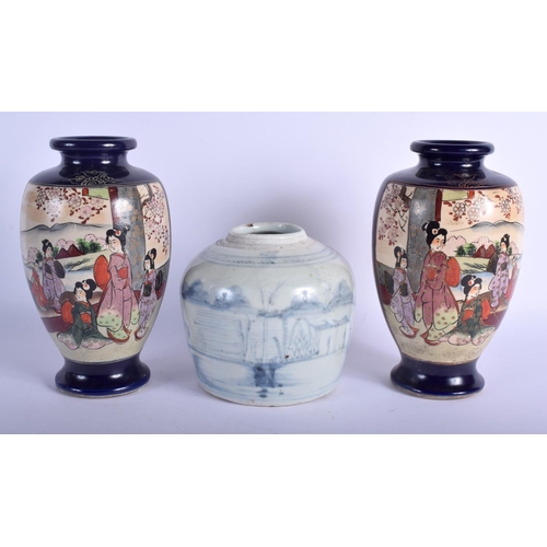 1310 - A PAIR OF JAPANESE MEIJI PERIOD SATSUMA VASES together with a ginger jar. Largest 24.5 cm high. (3)