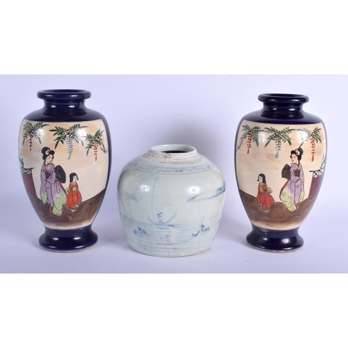 1310 - A PAIR OF JAPANESE MEIJI PERIOD SATSUMA VASES together with a ginger jar. Largest 24.5 cm high. (3)