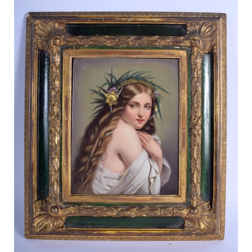 68 - A FINE 19TH CENTURY EUROPEAN PORCELAIN PLAQUE painted with a pretty female clutching her dress. Porc... 