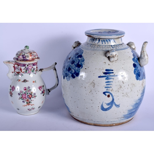 1316 - A LARGE 18TH CENTURY CHINESE EXPORT FAMILLE ROSE SPARROW BEAK JUG Qianlong, together with a blue and... 