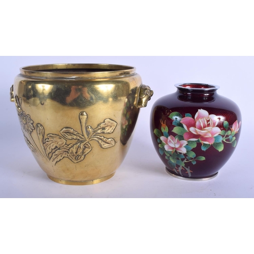 1317 - A 19TH CENTURY JAPANESE MEIJI PERIOD POLISHED BRONZE VESSEL together with a cloisonne enamel jar. La... 