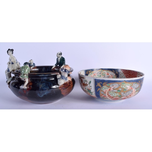 1318 - A LARGE 19TH CENTURY JAPANESE SUMIDA POO WARE BOWL together with an imari bowl. Largest 18 cm x 20 c... 