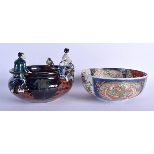 1318 - A LARGE 19TH CENTURY JAPANESE SUMIDA POO WARE BOWL together with an imari bowl. Largest 18 cm x 20 c... 