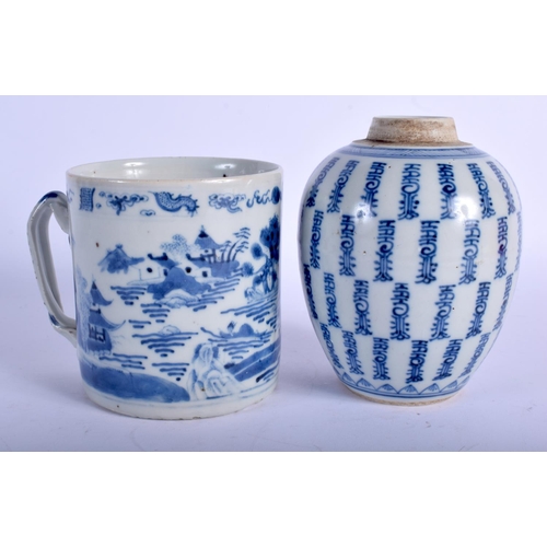 1321 - AN 18TH CENTURY CHINESE EXPORT BLUE AND WHITE MUG Qianlong, together with a calligraphy jar. Largest... 