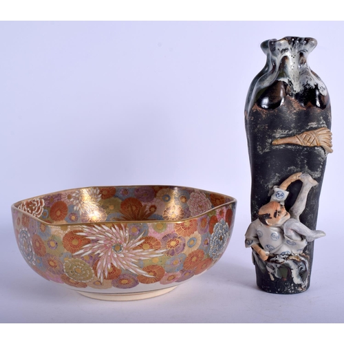 1333 - AN EARLY 20TH CENTURY JAPANESE MEIJI PERIOD SATSUMA BOWL together with a poo ware vase. Largest 15 c... 