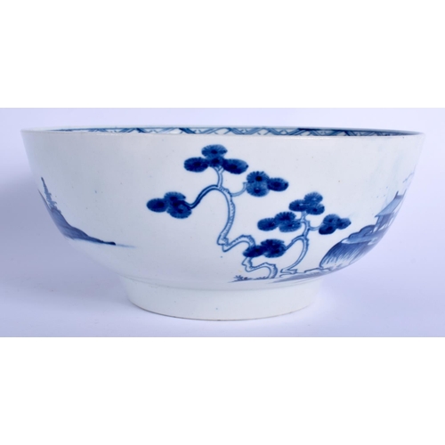 70 - AN 18TH CENTURY WORCESTER BLUE AND WHITE BOWL painted with landscapes. 18 cm diameter.