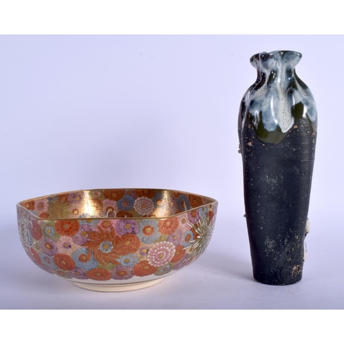 1333 - AN EARLY 20TH CENTURY JAPANESE MEIJI PERIOD SATSUMA BOWL together with a poo ware vase. Largest 15 c... 