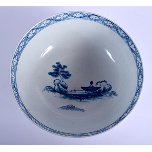 70 - AN 18TH CENTURY WORCESTER BLUE AND WHITE BOWL painted with landscapes. 18 cm diameter.