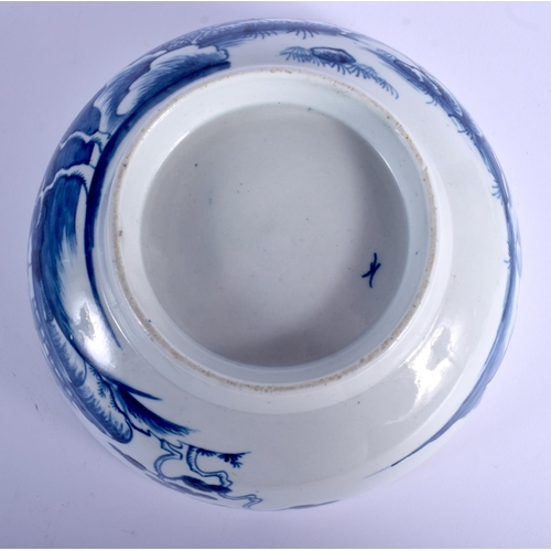 70 - AN 18TH CENTURY WORCESTER BLUE AND WHITE BOWL painted with landscapes. 18 cm diameter.