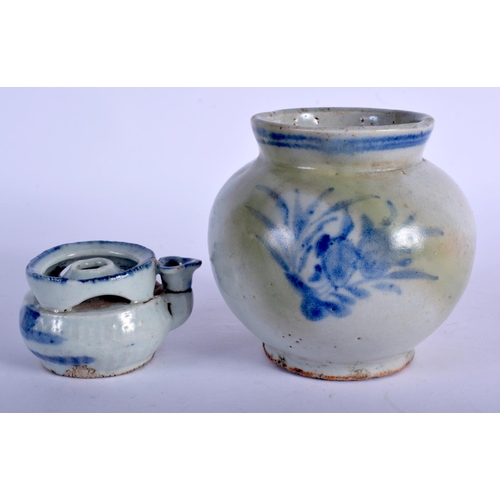 1335 - TWO 19TH CENTURY KOREAN BLUE AND WHITE STONEWARE VESSELS. Largest 12 cm x 8 cm. (2)