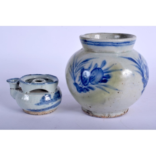 1335 - TWO 19TH CENTURY KOREAN BLUE AND WHITE STONEWARE VESSELS. Largest 12 cm x 8 cm. (2)