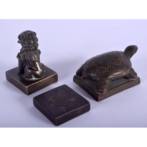 1337 - THREE 19TH CENTURY CHINESE BRONZE SEALS Qing. Largest 5 cm x 3 cm. (3)