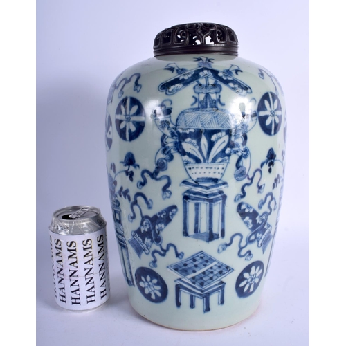 1339 - A 19TH CENTURY CHINESE BLUE AND WHITE CELADON VASE AND COVER Qing. 33 cm high.