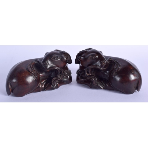 1342 - A FINE PAIR OF 19TH CENTURY CHINESE CARVED HARDWOOD RAMS possibly Zitan. 11 cm x 6 cm.