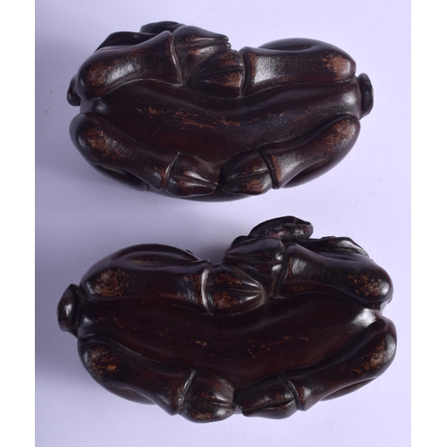 1342 - A FINE PAIR OF 19TH CENTURY CHINESE CARVED HARDWOOD RAMS possibly Zitan. 11 cm x 6 cm.