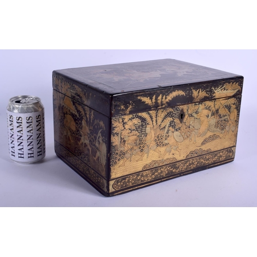 1352 - A LARGE 19TH CENTURY CHINESE EXPORT BLACK LACQUER TEA CADDY Qing, painted with warriors within lands... 