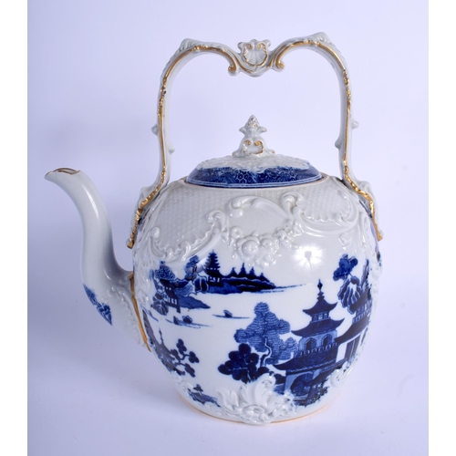 72 - A RARE 19TH CENTURY SPODE TEAPOT AND COVER printed with landscapes. 24 cm x 16 cm.