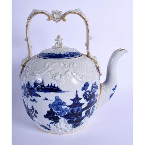 72 - A RARE 19TH CENTURY SPODE TEAPOT AND COVER printed with landscapes. 24 cm x 16 cm.