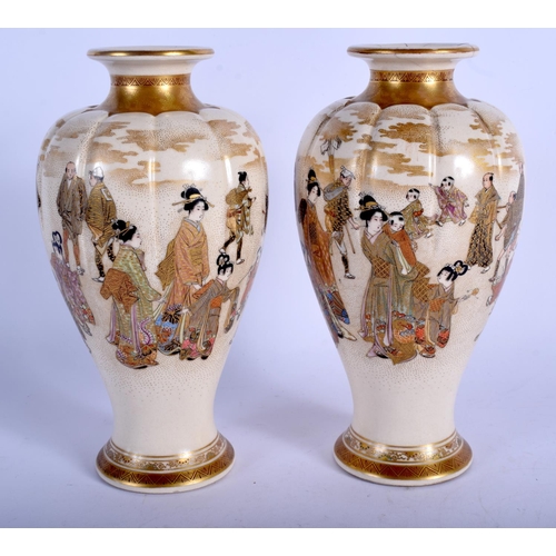 1353 - A PAIR OF 19TH CENTURY JAPANESE MEIJI PERIOD LOBED VASES painted with geisha and other figures withi... 