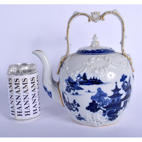 72 - A RARE 19TH CENTURY SPODE TEAPOT AND COVER printed with landscapes. 24 cm x 16 cm.