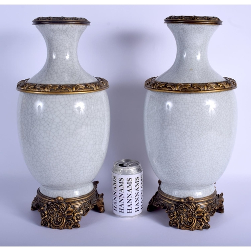 1357 - A LARGE PAIR OF 19TH CENTURY CHINESE GE TYPE POTTERY VASES with French mounts. 42 cm high.