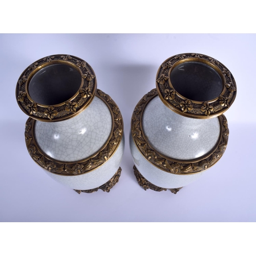 1357 - A LARGE PAIR OF 19TH CENTURY CHINESE GE TYPE POTTERY VASES with French mounts. 42 cm high.