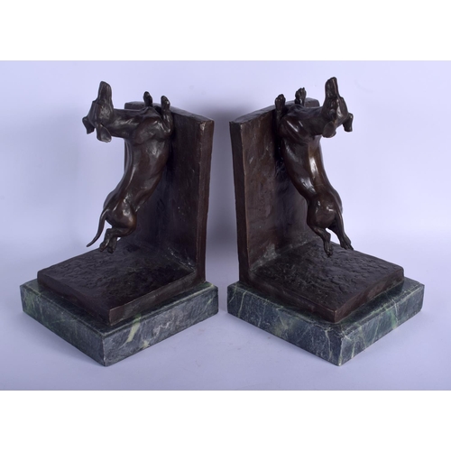 745 - A PAIR OF CONTEMPORARY CONTINENTAL BRONZE DOG BOOK ENDS. 31 cm x 16 cm.