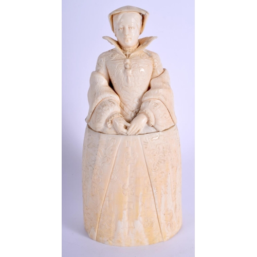 750 - A RARE 19TH CENTURY EUROPEAN DIEPPE IVORY BOX AND COVER in the form of a queen. 13.5 cm high.