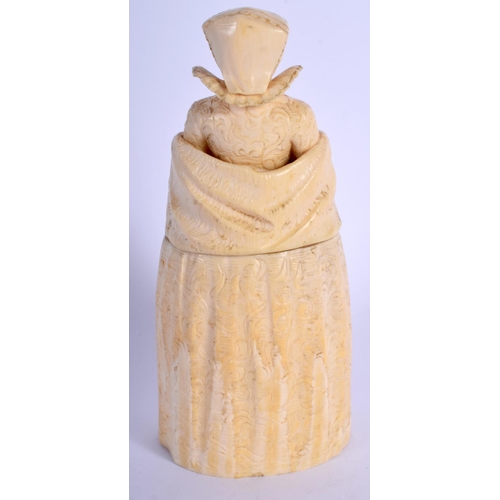 750 - A RARE 19TH CENTURY EUROPEAN DIEPPE IVORY BOX AND COVER in the form of a queen. 13.5 cm high.