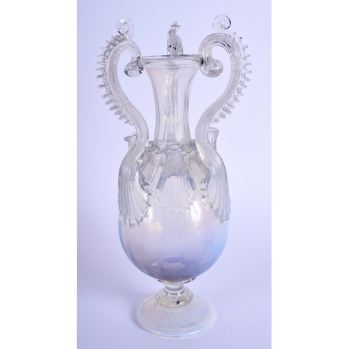 8 - A LOVELY 19TH CENTURY ITALIAN VENETIAN OPAL GLASS VASE with unusual triple spout to body. 19 cm high... 