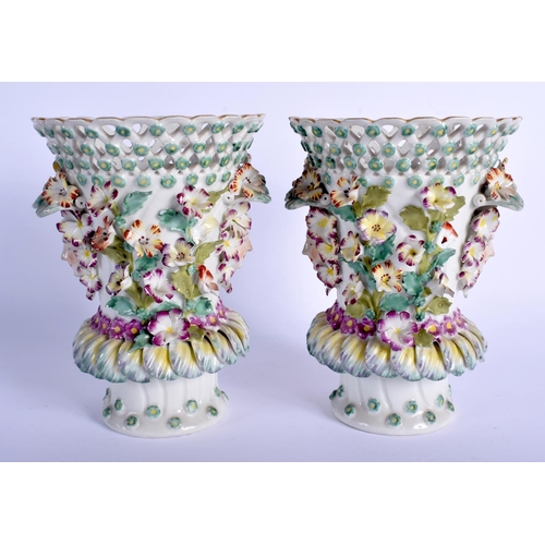 80 - A PAIR OF 19TH CENTURY FRENCH SAMSONS OF PARIS PORCELAIN VASES encrusted with flowers, after Chelsea... 