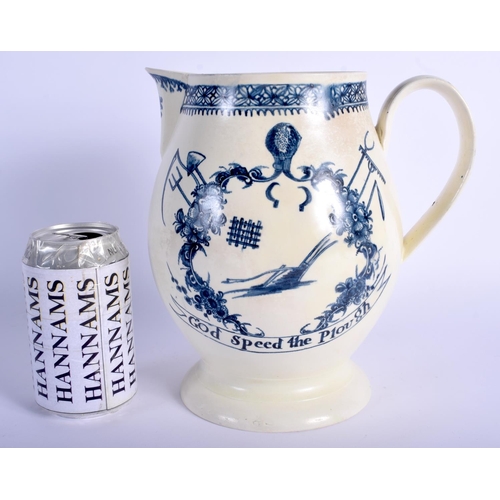 81 - AN 18TH CENTURY STAFFORDSHIRE BLUE AND WHITE CREAMWARE JUG C1777 William Evans. 22 cm x 18 cm.