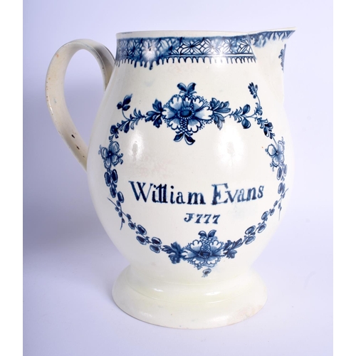 81 - AN 18TH CENTURY STAFFORDSHIRE BLUE AND WHITE CREAMWARE JUG C1777 William Evans. 22 cm x 18 cm.