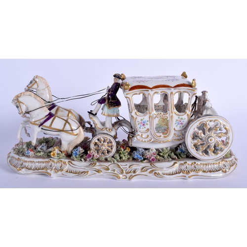 92 - AN ANTIQUE CONTINENTAL PORCELAIN FIGURAL GROUP depicting a male upon a horse drawn cart. 23.5 cm wid... 