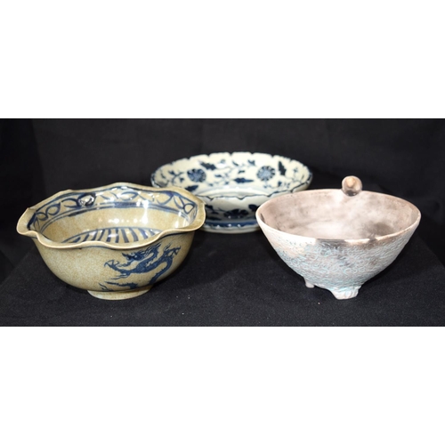 3052 - Crackle glaze dragon bowl and two other bowls largest 20cm