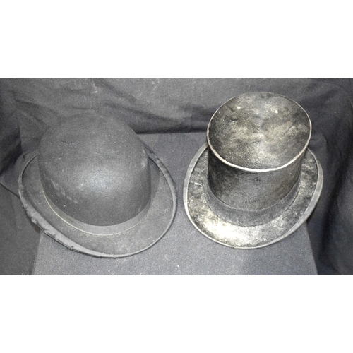 3053 - Two vintage Bowler hats and a Top Hat together with a quality leather hat box