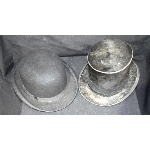 3053 - Two vintage Bowler hats and a Top Hat together with a quality leather hat box