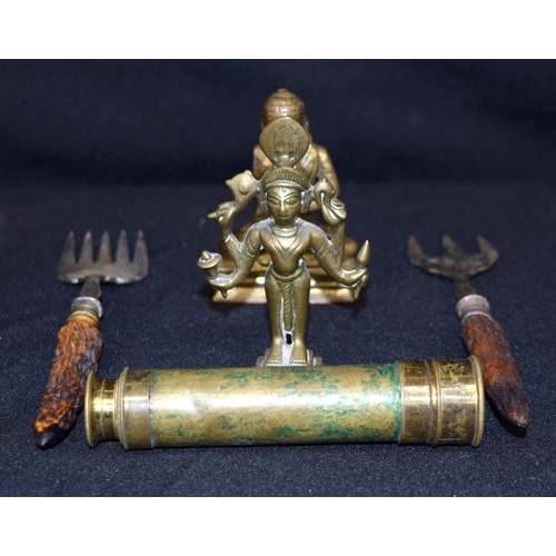 3061 - A vintage Telescope 13 cm long, 2 silver plated forks and 2 bronze buddhas (5)