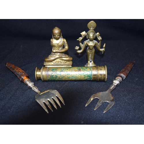 3061 - A vintage Telescope 13 cm long, 2 silver plated forks and 2 bronze buddhas (5)