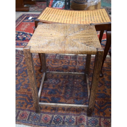 3108 - Three wooden Foot Stools (2 wicker and another upholstered)