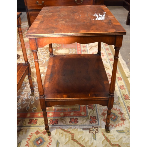 3114 - A pair antique yew wood small Side Tables with veneered tops.  58cm x 47cm