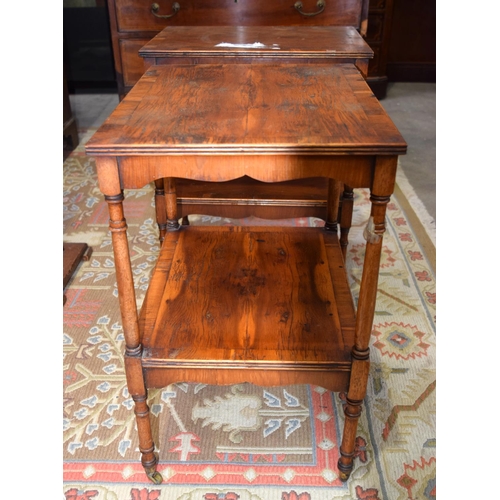 3114 - A pair antique yew wood small Side Tables with veneered tops.  58cm x 47cm