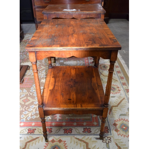 3114 - A pair antique yew wood small Side Tables with veneered tops.  58cm x 47cm