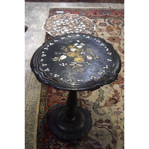 3126 - Ornately carved Syrian Table inset with mother of pearl and a Lacquer Table.  66cm x 65cm. (2)