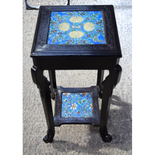 3160 - Two Tier aesthetic movement Stand with Longwy tile inserts. 74cm x 37cm